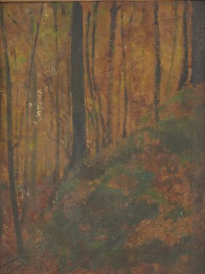 an oil painting of a wooded scene with trees in the foreground