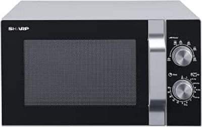 un four à micro-ondes noir et argenté sur fond blanc