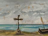 un tableau représentant une croix et un bateau sur la plage