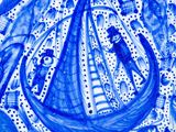 painting of a blue and white plate with a boat and fish on it