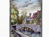 a picture of a painting of a bridge over a river