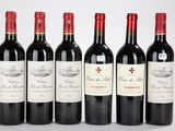six bouteilles de vin rouge alignées sur une surface blanche