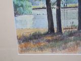 a picture of a painting of trees by the water
