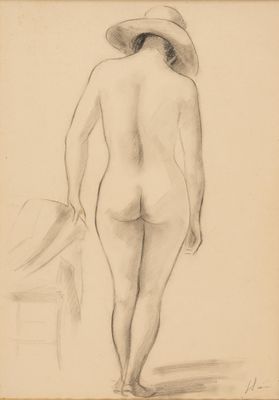 un dessin représentant une femme nue, coiffée d'un chapeau et assise sur une chaise
