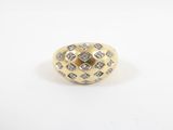 a yellow gold ring with diamonds on a white background