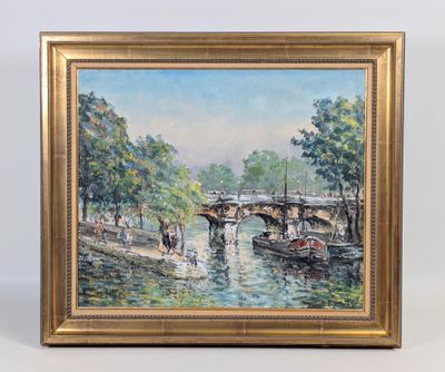 un tableau représentant une scène fluviale avec des bateaux et un pont