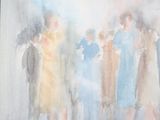 a painting of a group of people walking in the rain