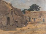 tableau représentant un village avec un toit de chaume et des poulets au premier plan