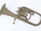 a brass instrument that is laying on a white surface