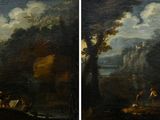 deux photos d'un tableau représentant un paysage de montagne avec des personnages au premier plan