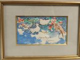tableau représentant un oiseau et des fleurs, dans un cadre doré, accroché à un mur blanc