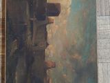 an oil painting of a city scene with a train passing by