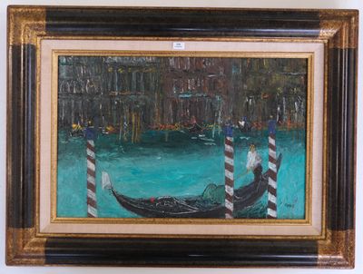 une peinture représentant une gondole sur l'eau, dans un cadre