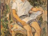 tableau représentant un jeune garçon assis sur une chaise en train de lire un livre