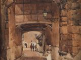 painting of a street scene with people walking through an archway