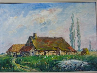 une peinture à l'huile représentant une maison dans un champ près d'un ruisseau