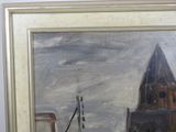 a painting of a building with a clock tower in the background