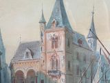 a painting of a large building with a clock tower on it