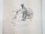 an old drawing of a man and a woman sitting on a beach
