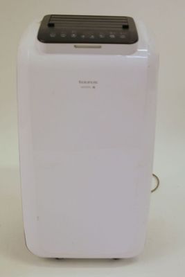 a white air conditioner sitting on a white surface