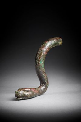 une image représentant une tête de serpent en bronze sur fond noir