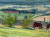 a painting of cows grazing in a field with a mountain in the background