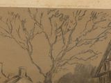 a drawing of a man standing in front of a house