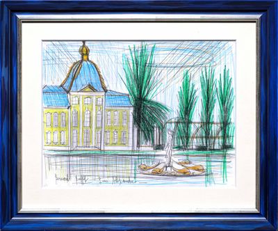 drawing of a fountain in front of a building with a dome on top of it