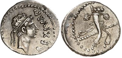 a silver coin with an image of a woman and a bird on it