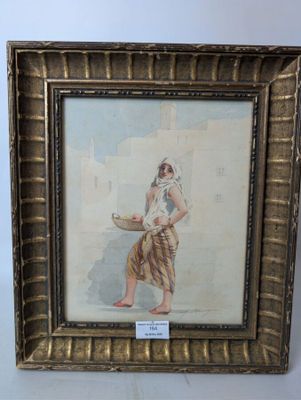 painting of a woman carrying a basket of fruit in a gold frame