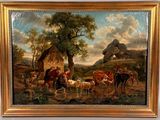 a picture of a painting of people and animals in a field