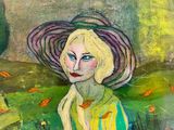 a painting of a woman sitting on a bench in a park