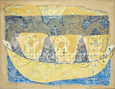 painting of a yellow boat with four people in it