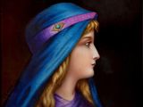 un tableau représentant une femme portant une coiffe bleue et un voile bleu