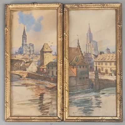tableau représentant une vue d'une ville et d'une rivière avec un pont
