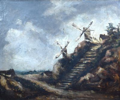 peinture représentant un paysage avec un moulin à vent et des marches menant à une colline