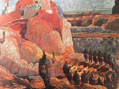 a painting of a man sitting on a rock with a group of people around him