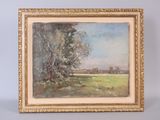 an oil painting of a field with trees and a house in the distance