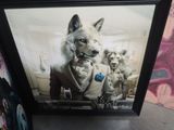 a picture of a picture of a man with a dog in a suit