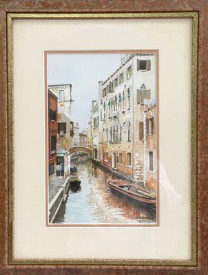 tableau représentant un canal à Venise avec un bateau au premier plan