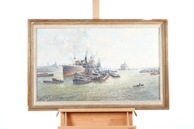 a picture of a painting on a easel with a boat in the water