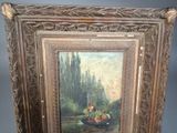 painting of a man and woman in a boat on a lake