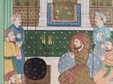 an old painting of a group of people sitting in a room