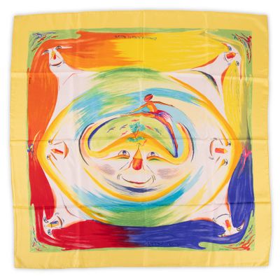 a square scarf with a painting of a man and a woman