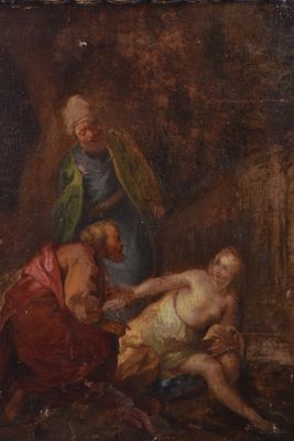 a painting of a man and woman in a cave with a baby