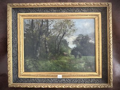 a painting of a wooded landscape with a house in the distance