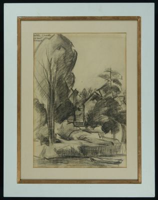 une image représentant un dessin d'une maison et d'arbres dans un champ