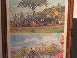 two pictures of old cars on display in a museum