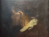 painting of a man with a bird in his hand in a dark room