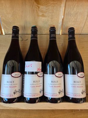 six bouteilles de vin rouge sont alignées sur une étagère en bois